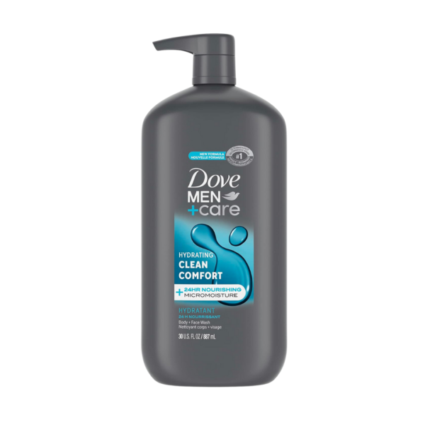 Gel douche Dove Men+Care Body and Face Wash, Nettoyant hydratant pour le corps et le confort pour hommes avec technologie de microhydratation nourrissante 24 heures, 887 mL