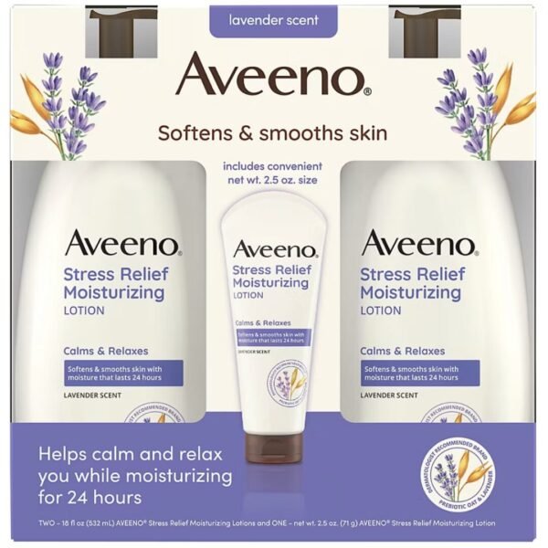 Aveeno Stress Relief Moisturizing, Lotion hydratante pour le corps anti-stress avec huiles essentielles de lavande, d'avoine naturelle, Pack de 2, 532 mL – Image 2