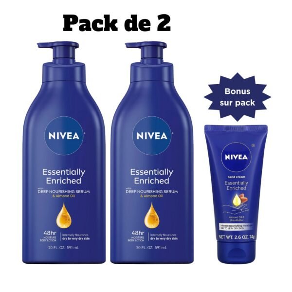 Nivea Essentially Enriched, Lotion pour le corps essentiellement enrichi en sérum nourrissant en profondeur et à l'huile d'amande, Pack de 2, 591 mL