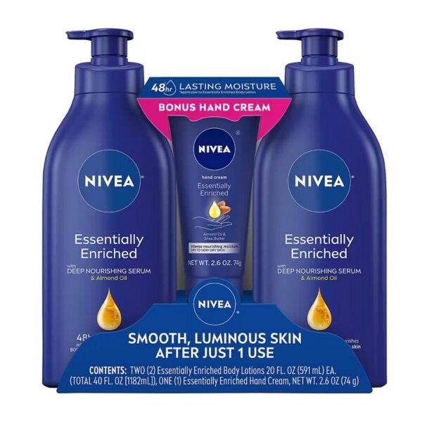 Nivea Essentially Enriched, Lotion pour le corps essentiellement enrichi en sérum nourrissant en profondeur et à l'huile d'amande, Pack de 2, 591 mL – Image 2