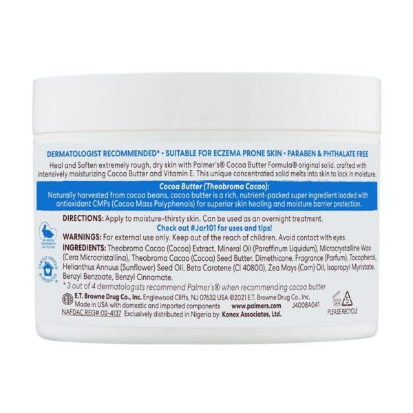 Palmer's Crème solide au beurre de cacao et à la vitamine E, hydratante pour le corps, pour peau extrêmement sèche, adoucissante et apaisante, 270 g – Image 2