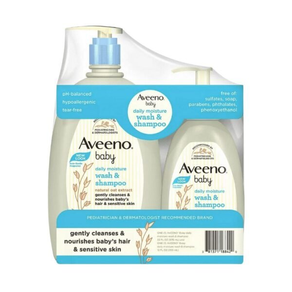 Aveeno Baby Daily Moisture Wash & Shampoo, Gel douche et shampoing doux avec extrait d'avoine naturel, hypoallergénique, sans larmes et sans parabène pour cheveux et peau sensibles, légèrement parfumé, 976 mL + 354 mL