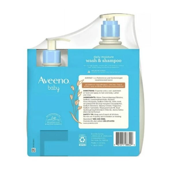 Aveeno Baby Daily Moisture Wash & Shampoo, Gel douche et shampoing doux avec extrait d'avoine naturel, hypoallergénique, sans larmes et sans parabène pour cheveux et peau sensibles, légèrement parfumé, 976 mL + 354 mL – Image 2
