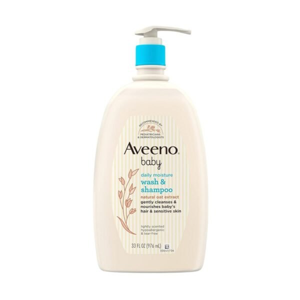 Aveeno Baby Daily Moisture Wash & Shampoo, Gel douche et shampoing doux avec extrait d'avoine naturel, hypoallergénique, sans larmes et sans parabène pour cheveux et peau sensibles, légèrement parfumé, 976 mL + 354 mL – Image 3