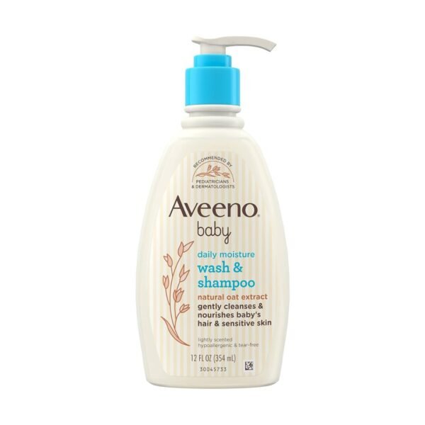 Aveeno Baby Daily Moisture Wash & Shampoo, Gel douche et shampoing doux avec extrait d'avoine naturel, hypoallergénique, sans larmes et sans parabène pour cheveux et peau sensibles, légèrement parfumé, 976 mL + 354 mL – Image 4