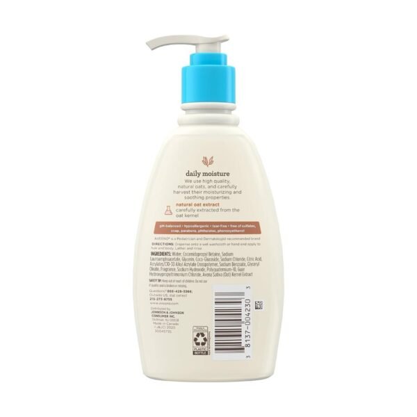 Aveeno Baby Daily Moisture Wash & Shampoo, Gel douche et shampoing doux avec extrait d'avoine naturel, hypoallergénique, sans larmes et sans parabène pour cheveux et peau sensibles, légèrement parfumé, 976 mL + 354 mL – Image 5