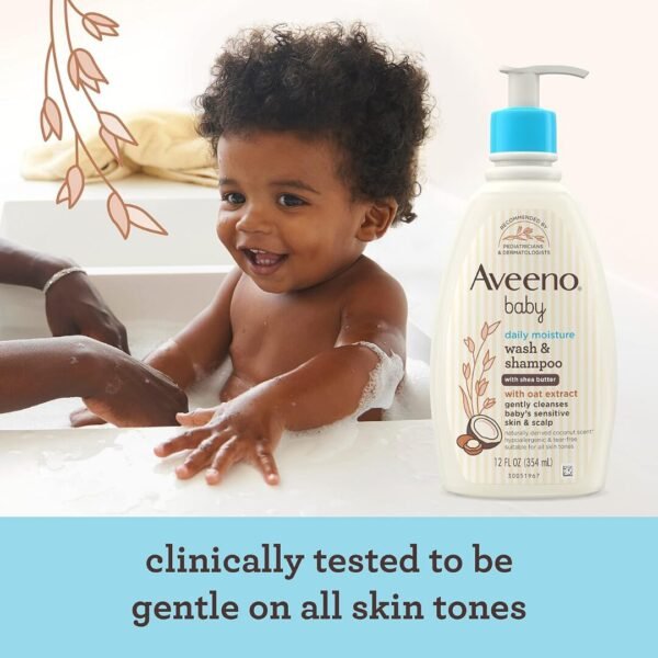 Aveeno Baby Daily Moisture Wash & Shampoo, Gel douche et shampoing doux avec extrait d'avoine naturel, hypoallergénique, sans larmes et sans parabène pour cheveux et peau sensibles, légèrement parfumé, 976 mL + 354 mL – Image 8